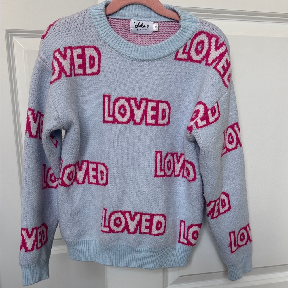 Lola + The Boys Blue Sweater with Pink 'Loved' Pattern